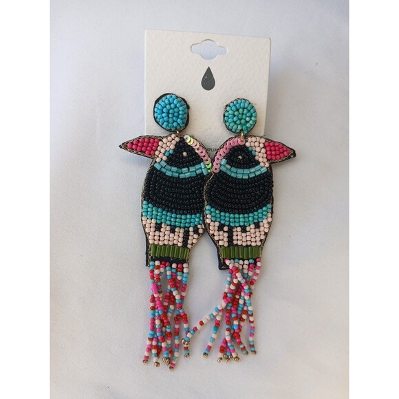 Hand-Beaded Earrings Tucan Bird Design 4" Dangle Pierced Ear New - Picture 1 of 4